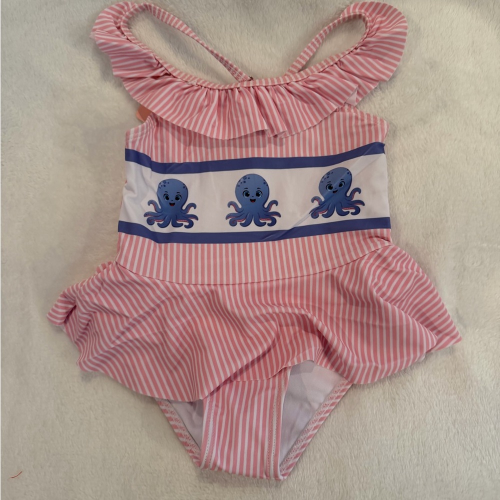 Pink Striped Kids Swimwear with Octopus Design
